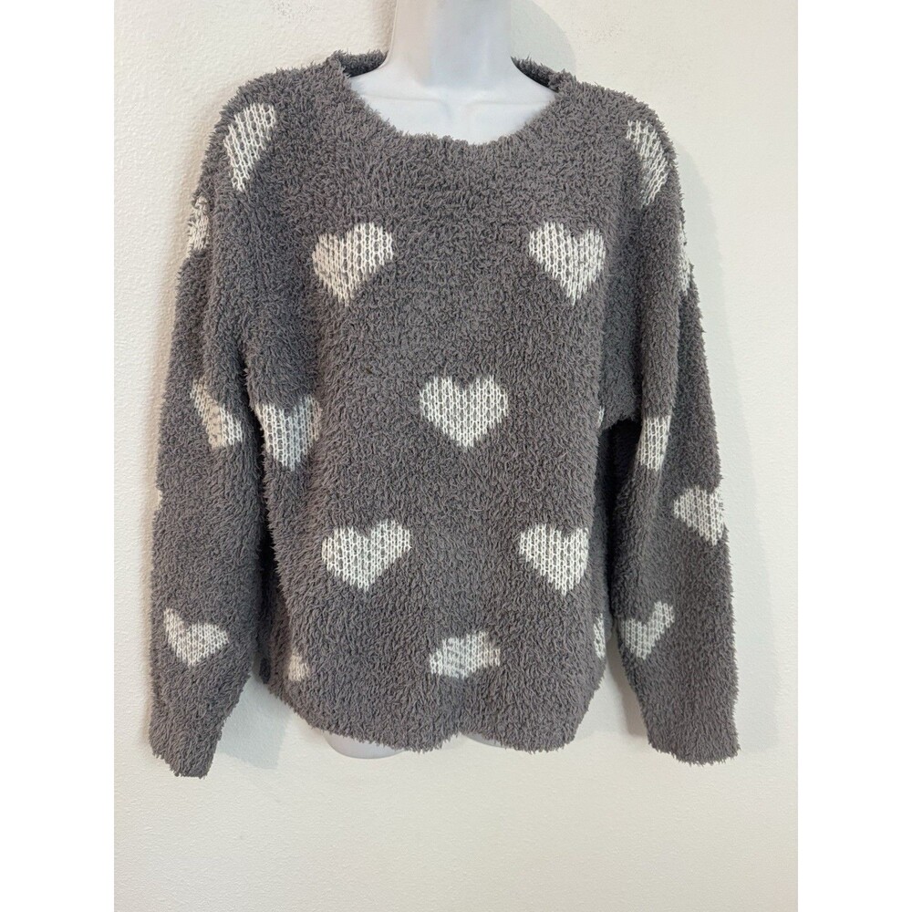 POL Oversized Knit Sweater Size M Gray Cream Hearts Fuzzy Boho Cute